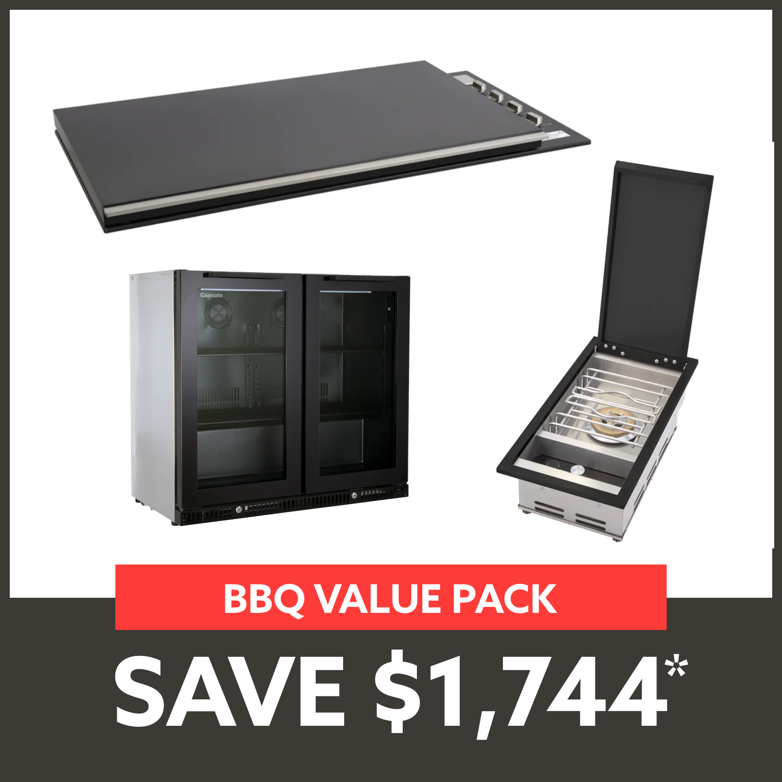 Bundle Artusi Matte Black Flat Lid with Gasmate Phoenix Sideburner & Gasmate Premium 2 Door Bar Fridge (187L)