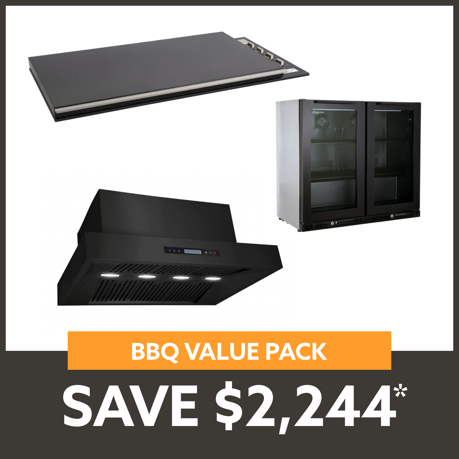 Bundle Artusi Matte Black Flat Lid BBQ & Excelsior 1200 Rangehood & Gasmate Premium 2 Door Bar Fridge (187L)