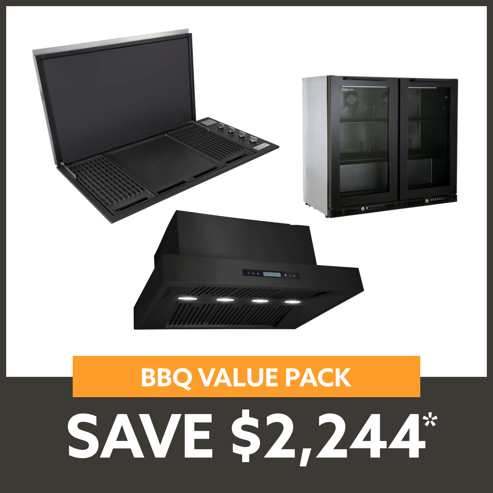 Bundle Artusi Matte Black Flat Lid BBQ & Excelsior 1200 Rangehood & Gasmate Premium 2 Door Bar Fridge (187L)