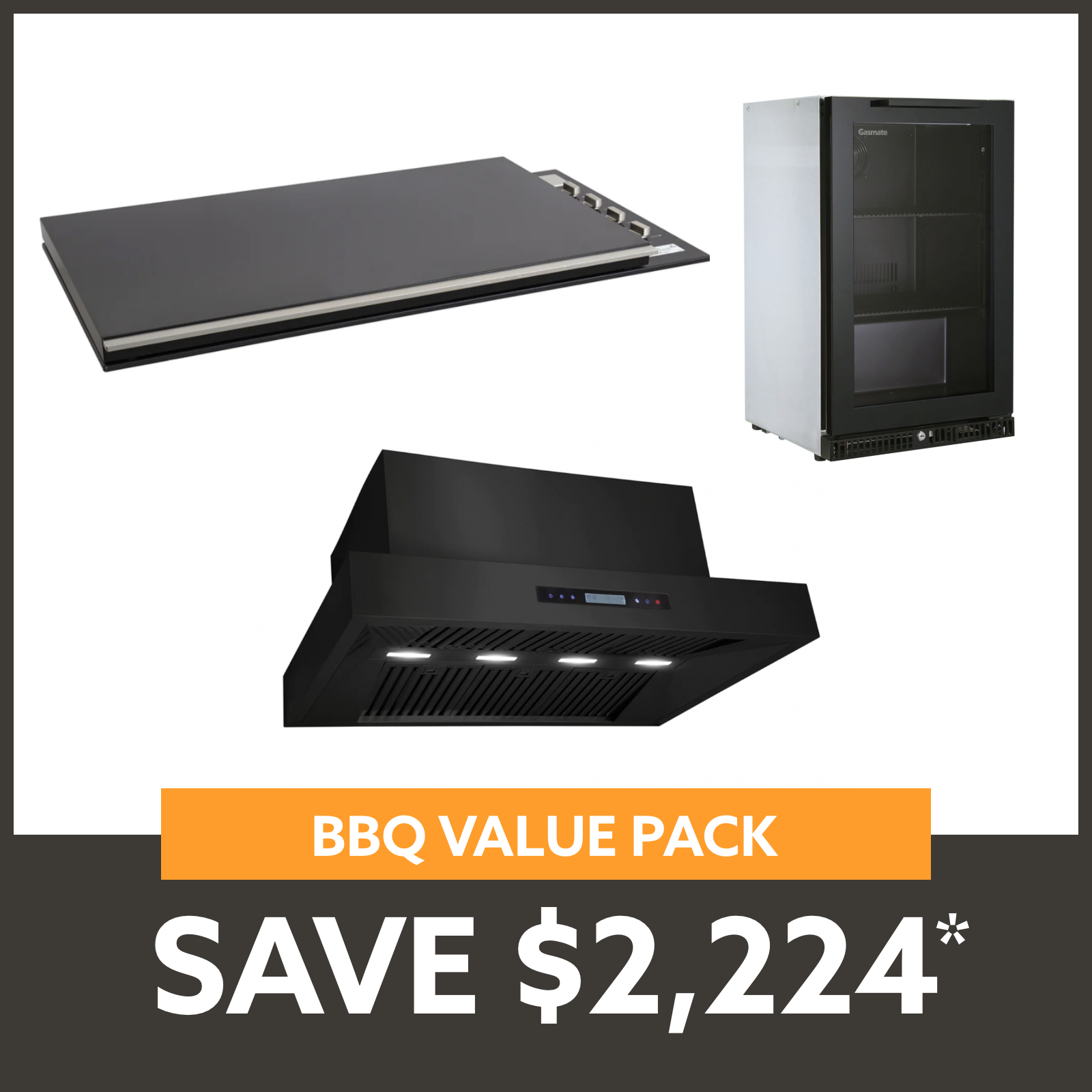 Bundle Artusi Matte Black Flat Lid BBQ & Excelsior 1200 Rangehood & Gasmate Premium Door Bar Fridge (97L)