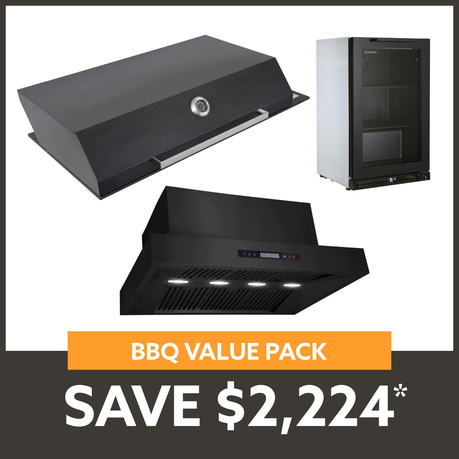 Bundle Artusi Matte Black Hood BBQ & Excelsior 1200 Rangehood & Gasmate Premium 1 Door Bar Fridge (97L)