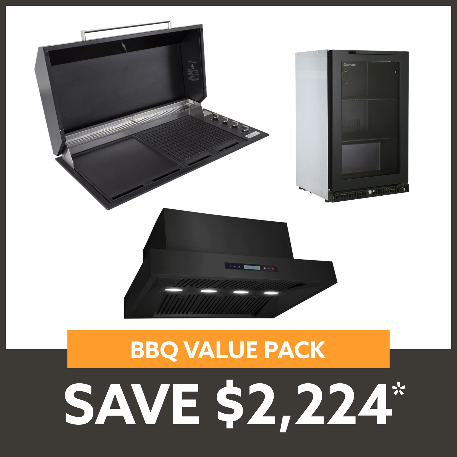 Bundle Artusi Matte Black Hood BBQ & Excelsior 1200 Rangehood & Gasmate Premium 1 Door Bar Fridge (97L)