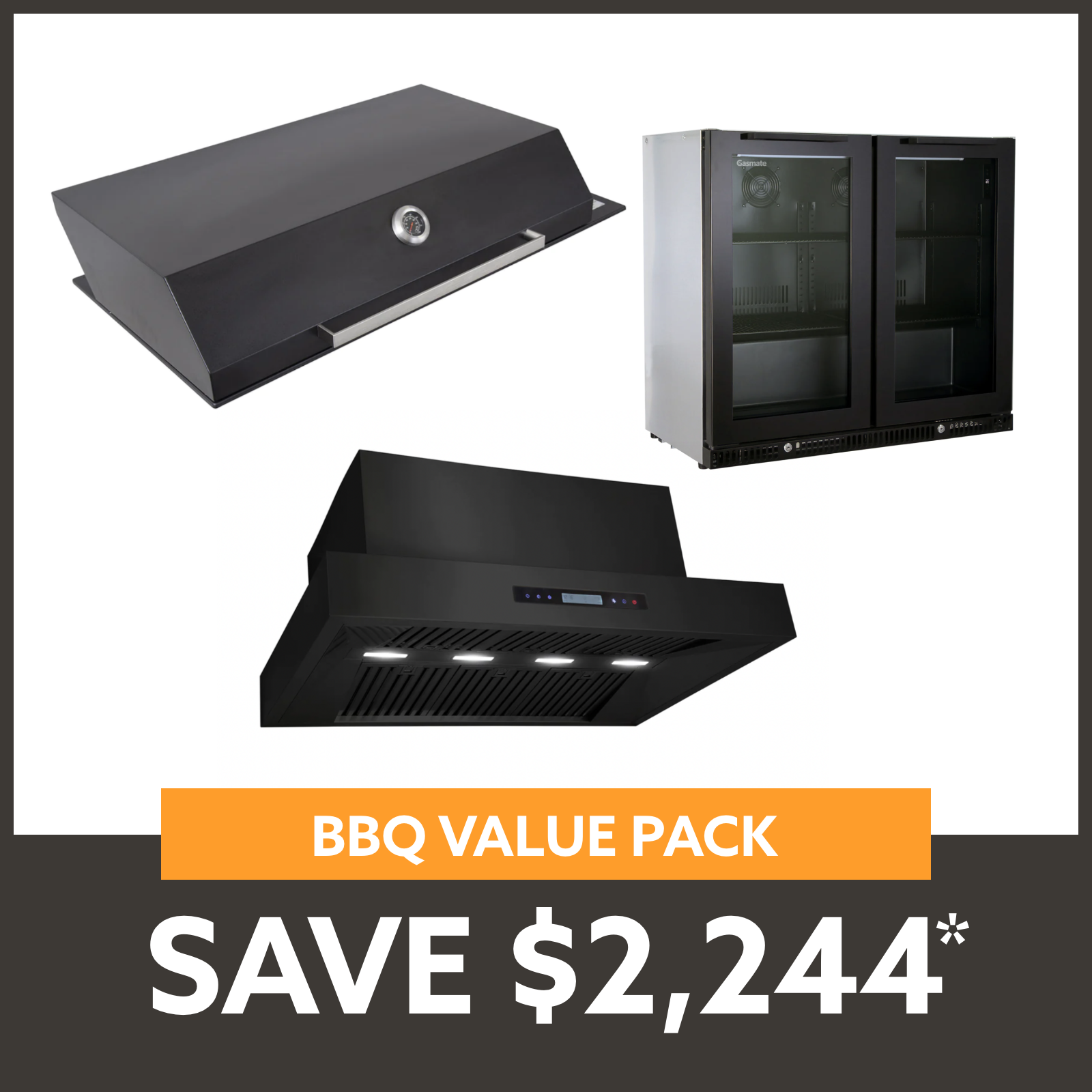 Bundle Artusi  Matte Black Hood BBQ & Excelsior 1200 Rangehood & Gasmate Premium 2 Door Bar Fridge (187L)