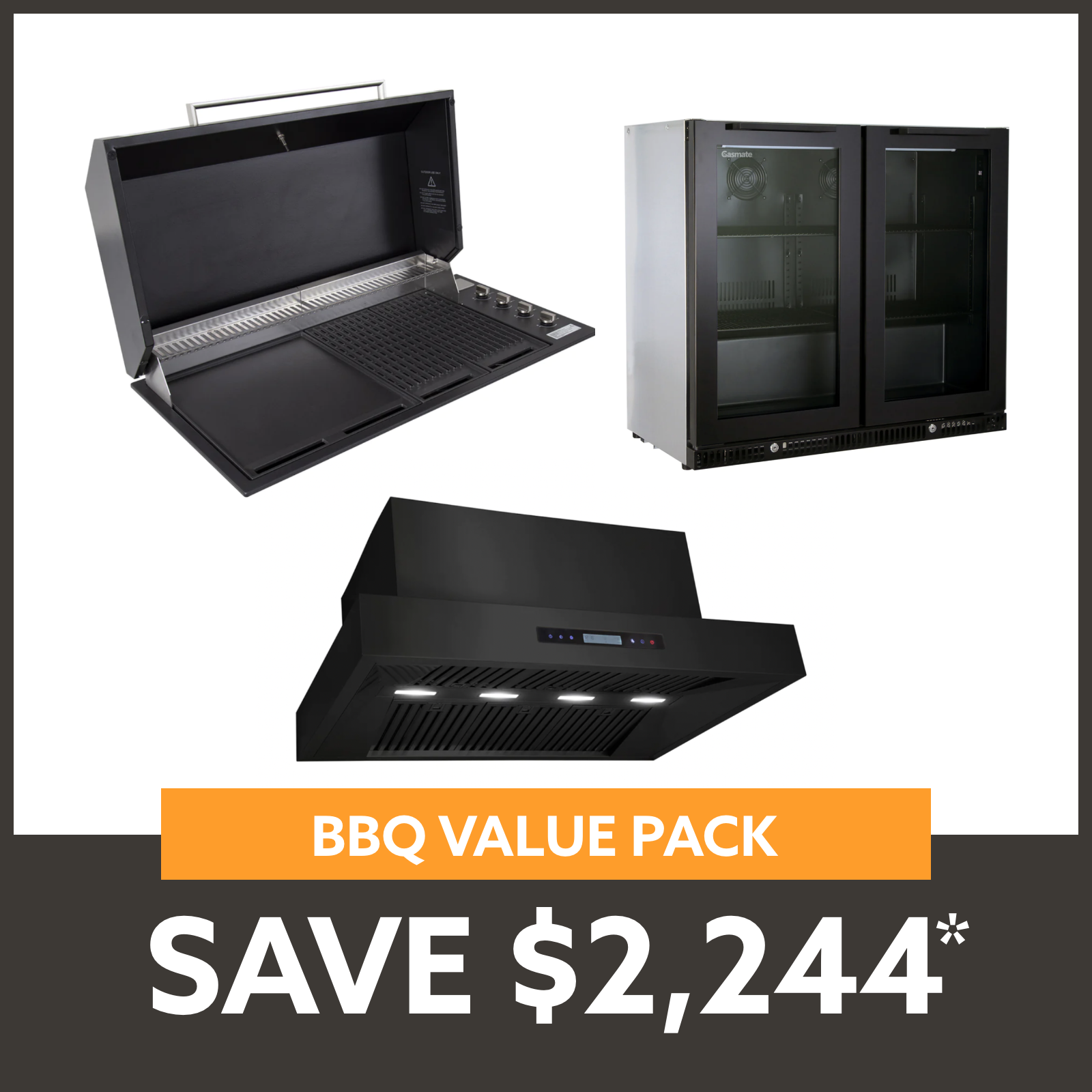 Bundle Artusi  Matte Black Hood BBQ & Excelsior 1200 Rangehood & Gasmate Premium 2 Door Bar Fridge (187L)