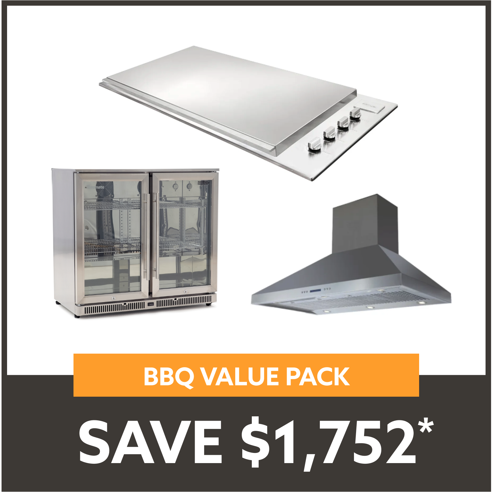 Bundle Artusi Stainless Steel Flat Lid BBQ & Gasmate Double Door Fridge 208L with Gasmate 120cm Rangehood