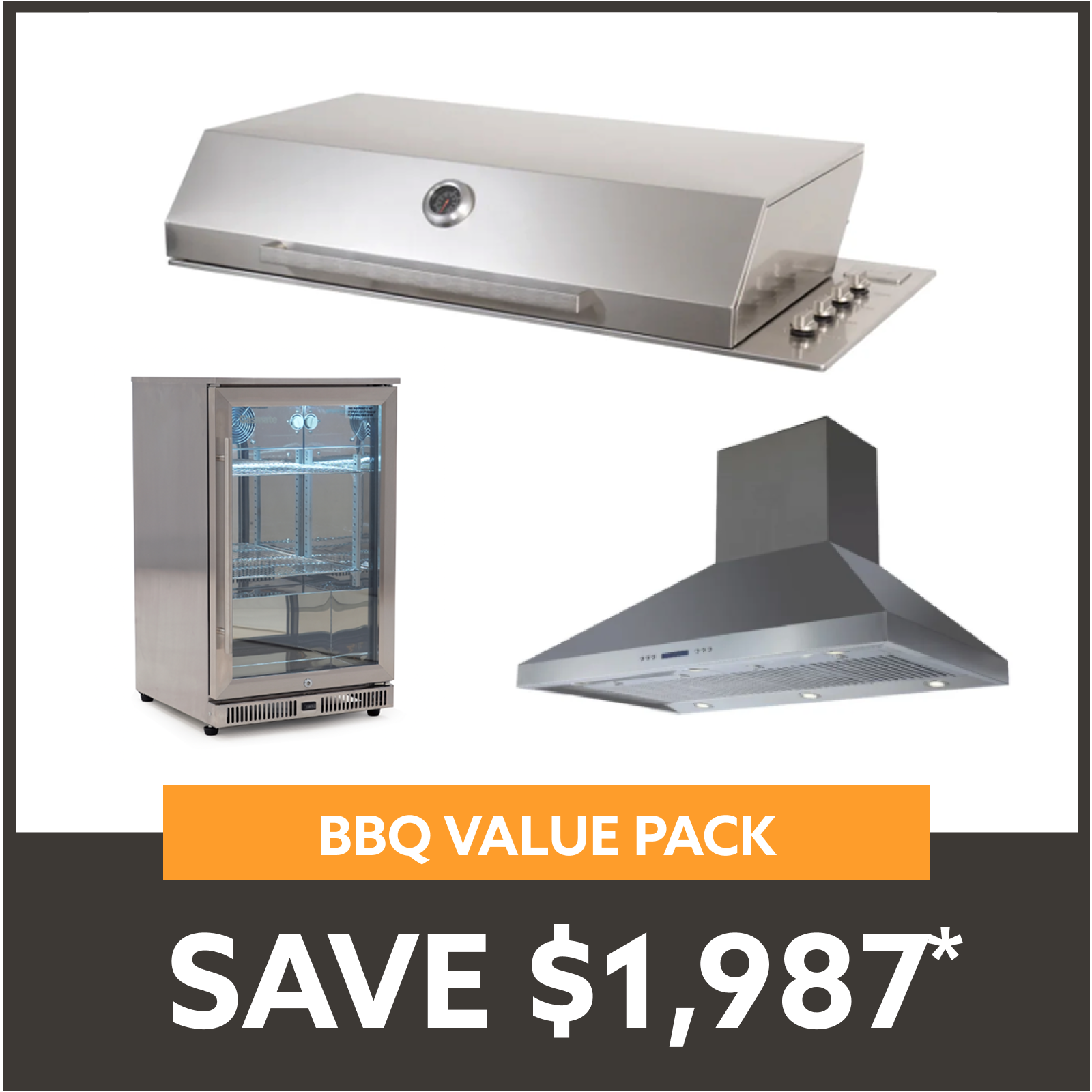 Bundle Artusi Stainless Steel Roasting Hood & Gasmate Single Door Bar Fridge 108L with Gasmate 120cm Rangehood