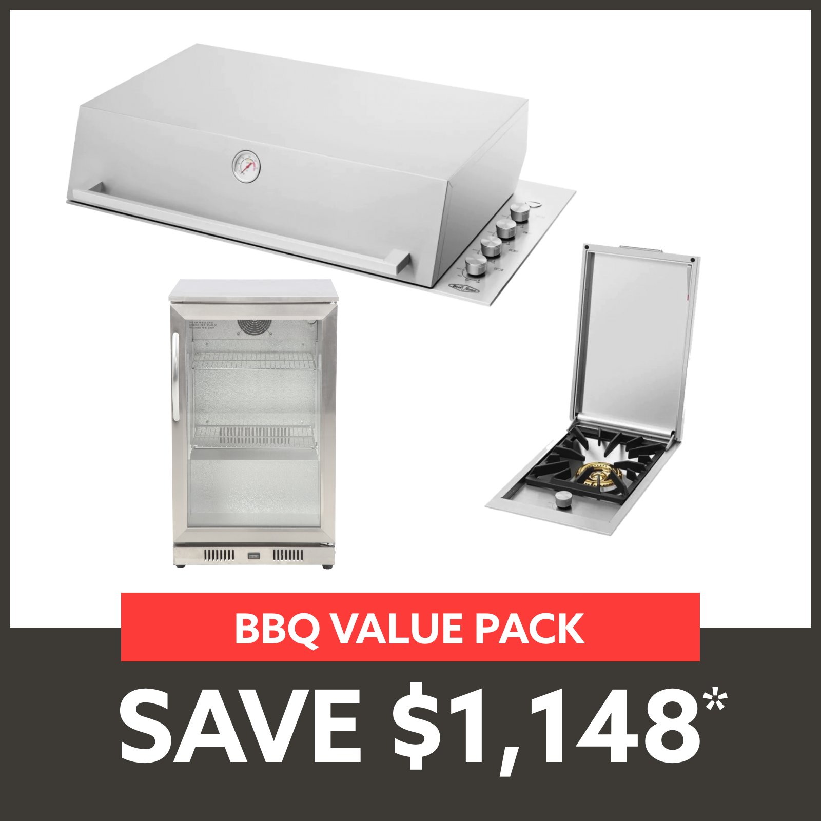 Bundle BeefEater Signature Proline BBQ with Hood & Quadburner & Gasmate 1 Door 118L Bar Fridge