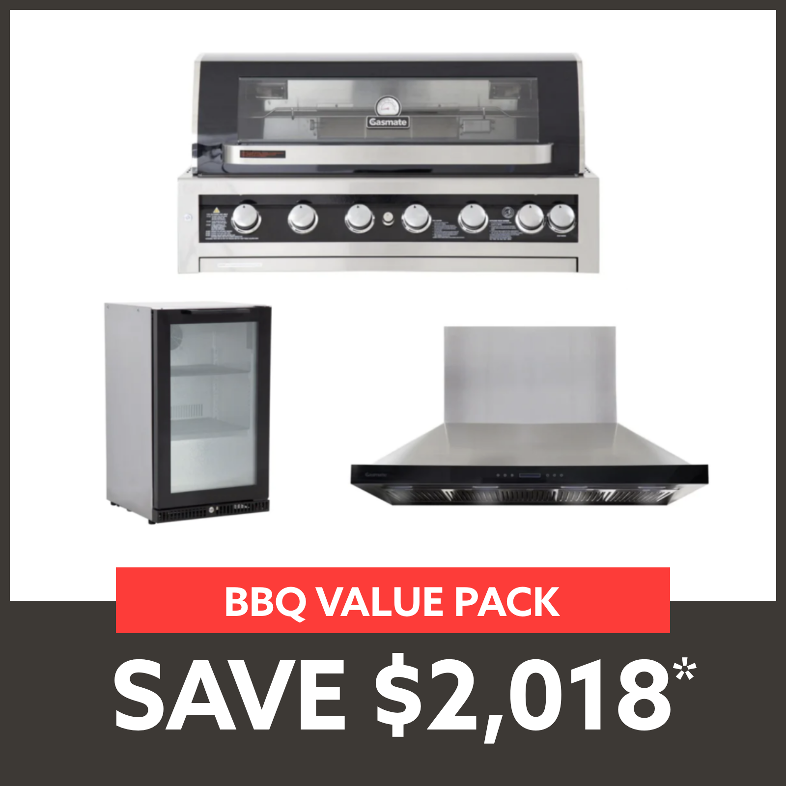 Bundle Gasmate Galaxy Black Classic 6 Burner Built-In BBQ & Deluxe BBQ 120 cm Rangehood & Premium 1 Door 97L Glass Door Bar Fridge