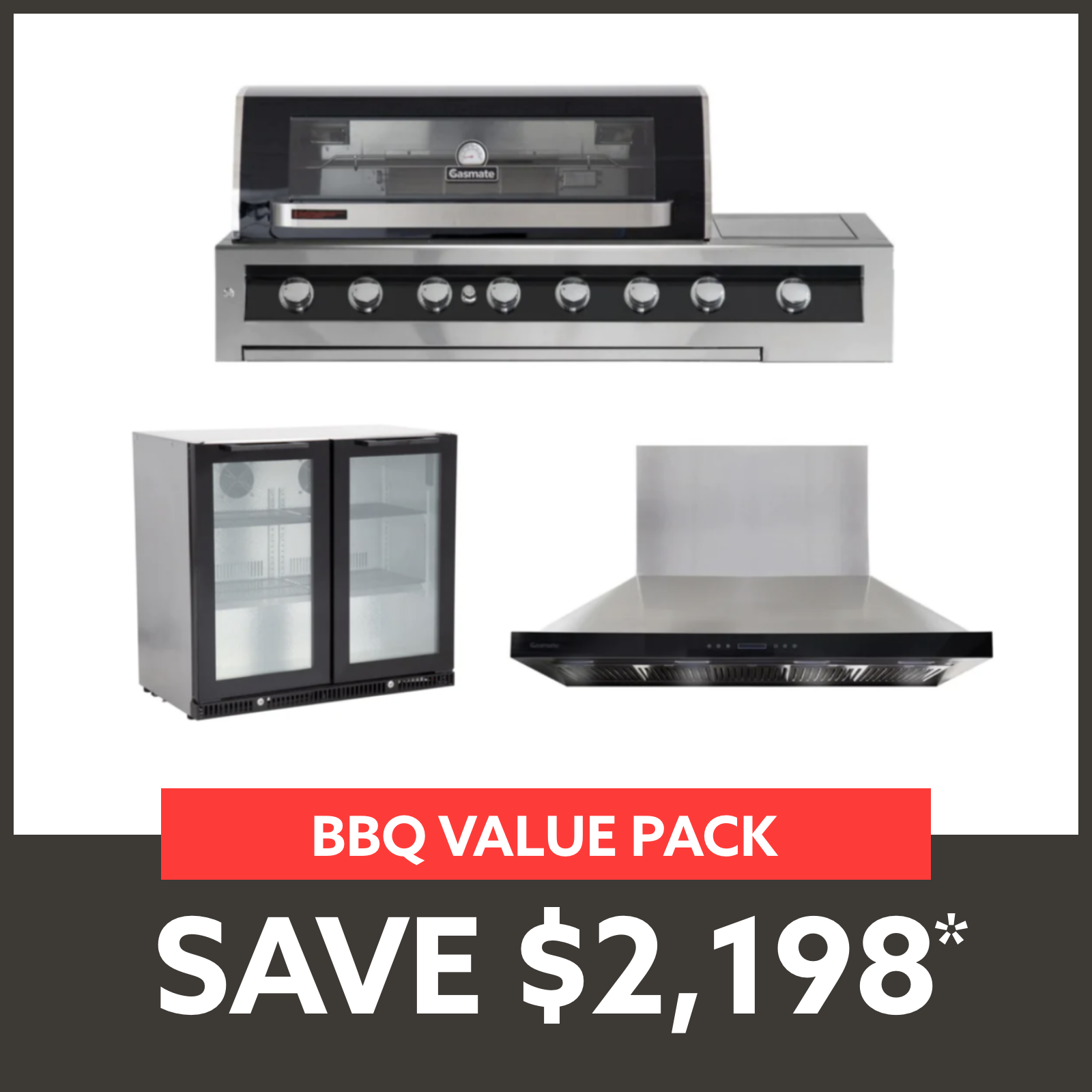 Bundle Gasmate Galaxy Black 6 Burner Built-In BBQ with Side Burner & Deluxe BBQ 150 cm Rangehood & Premium 2 Door 187L Glass Door Bar Fridge