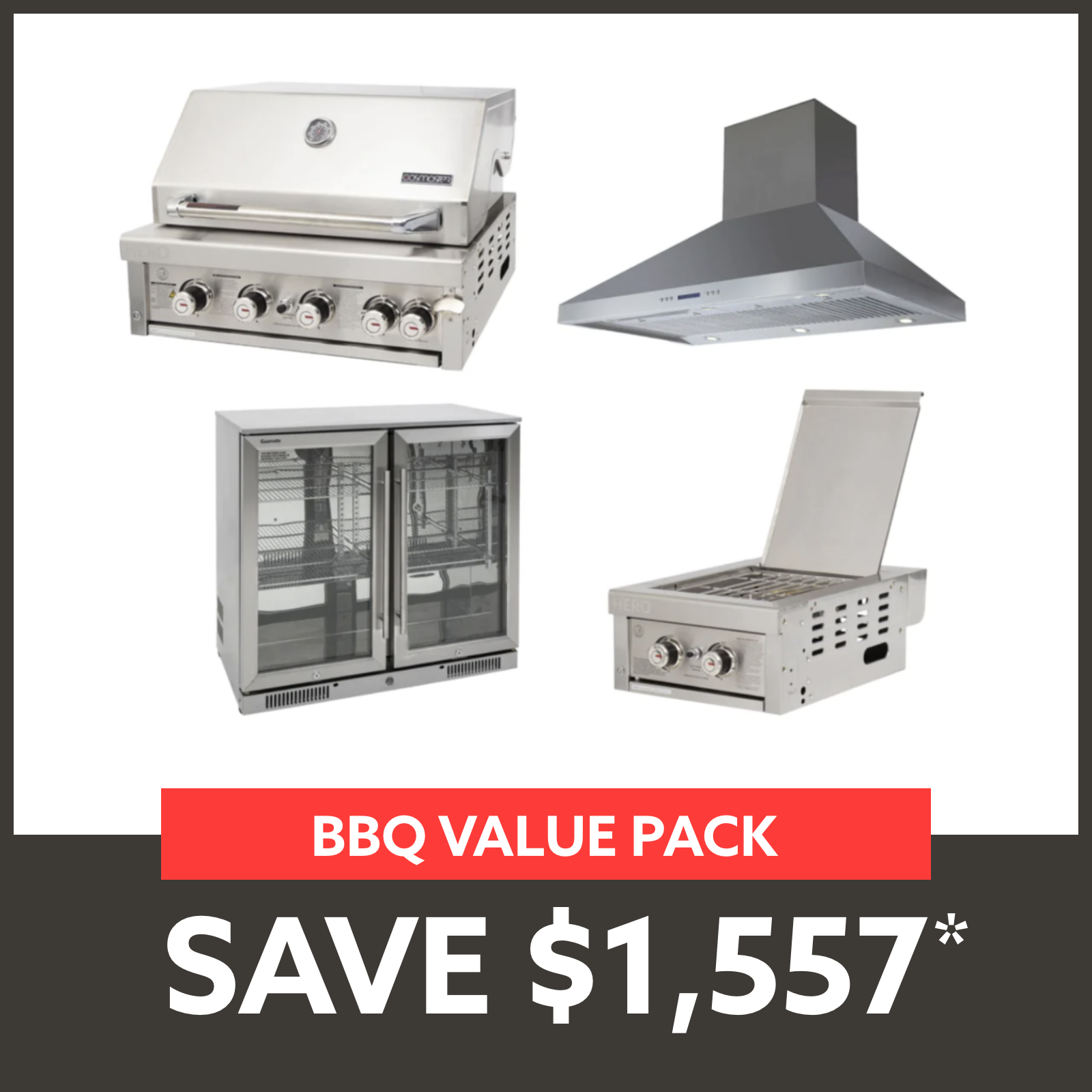 Bundle Gasmaster Hero 4 Burner BBQ & Dual Side Burner & 120cm Rangehood & Gasmate 2 Door 228L Bar Fridge