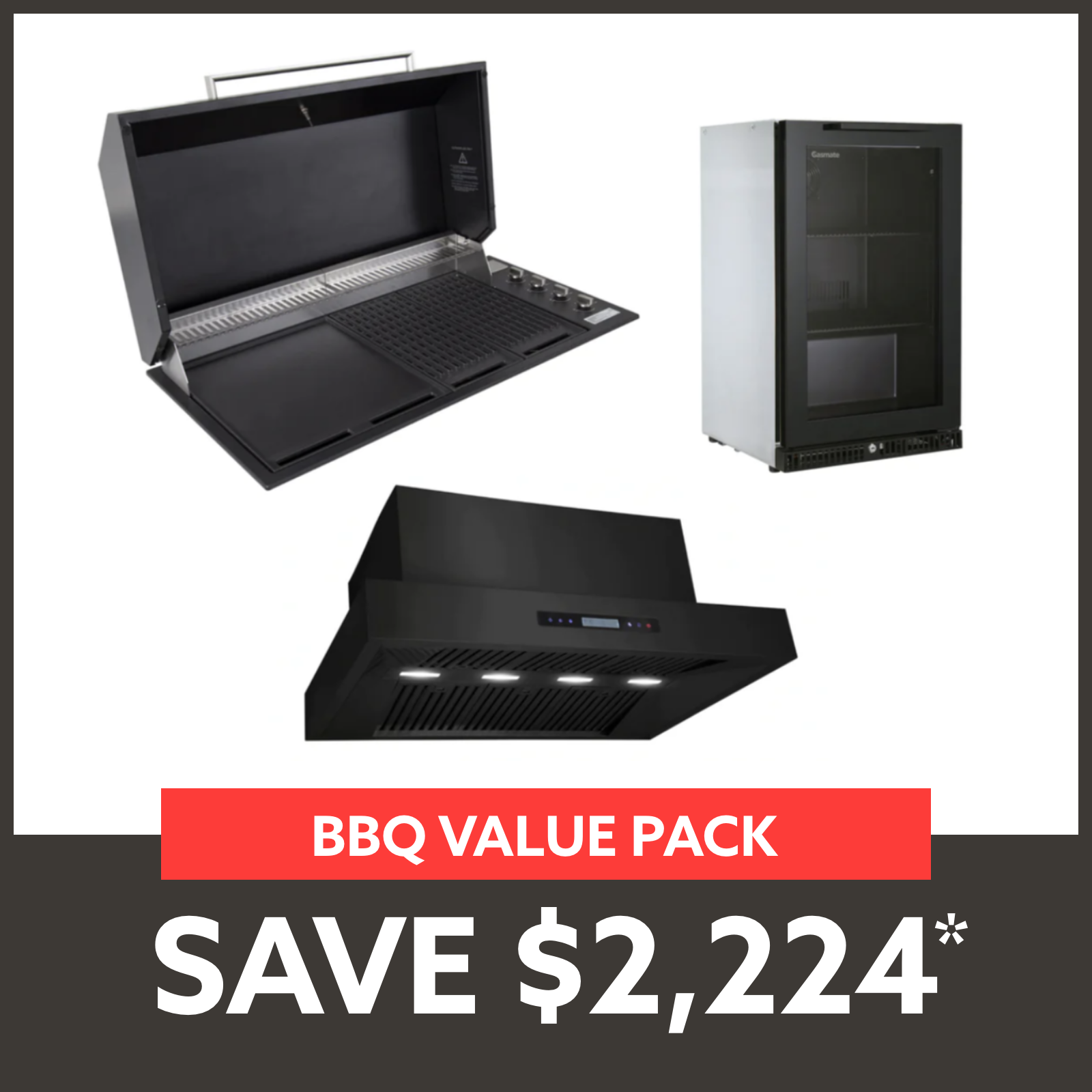 Bundle Artusi Matte Black Hood BBQ & Excelsior 1200 Rangehood & Gasmate Premium 1 Door Bar Fridge (97L)