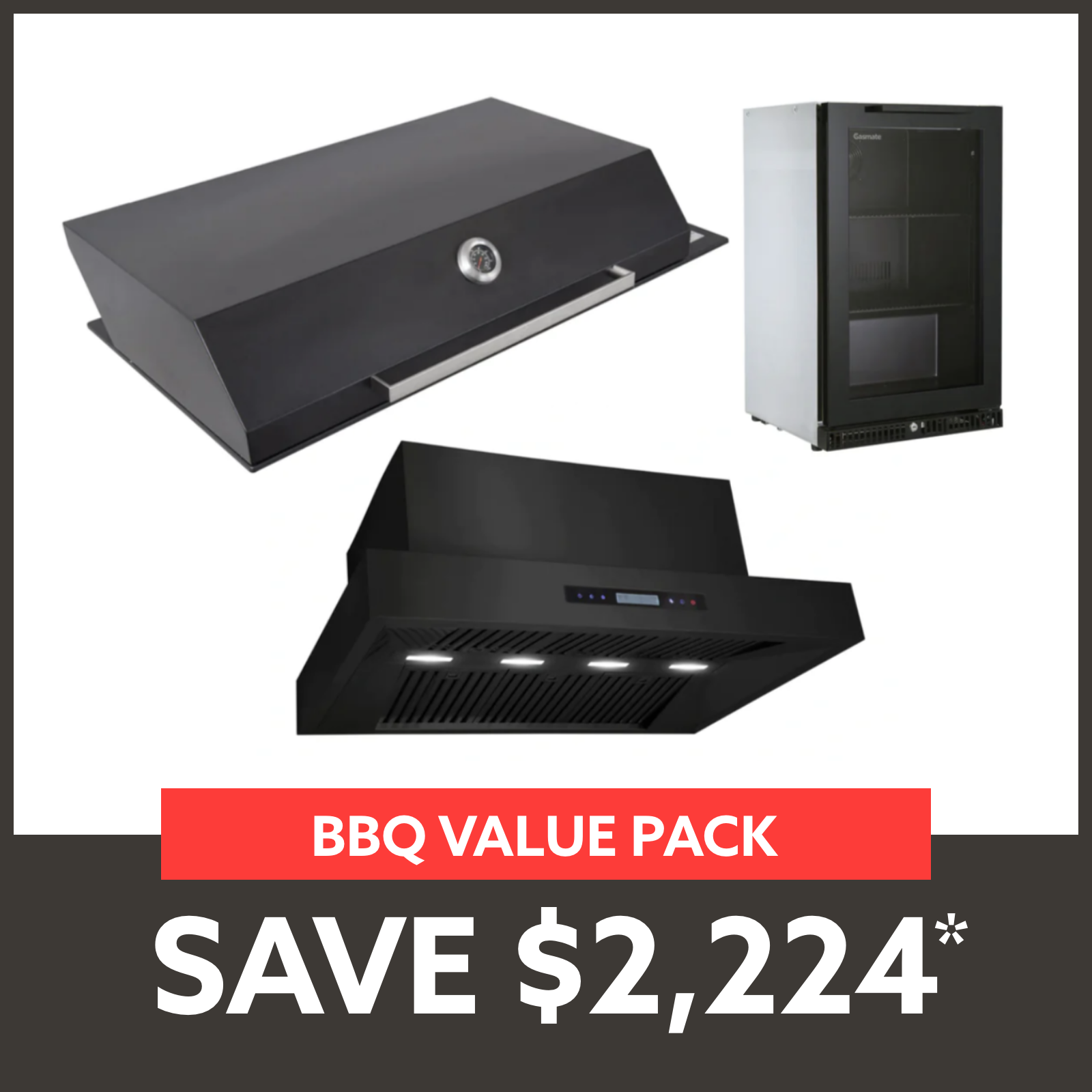 Bundle Artusi Matte Black Hood BBQ & Excelsior 1200 Rangehood & Gasmate Premium 1 Door Bar Fridge (97L)