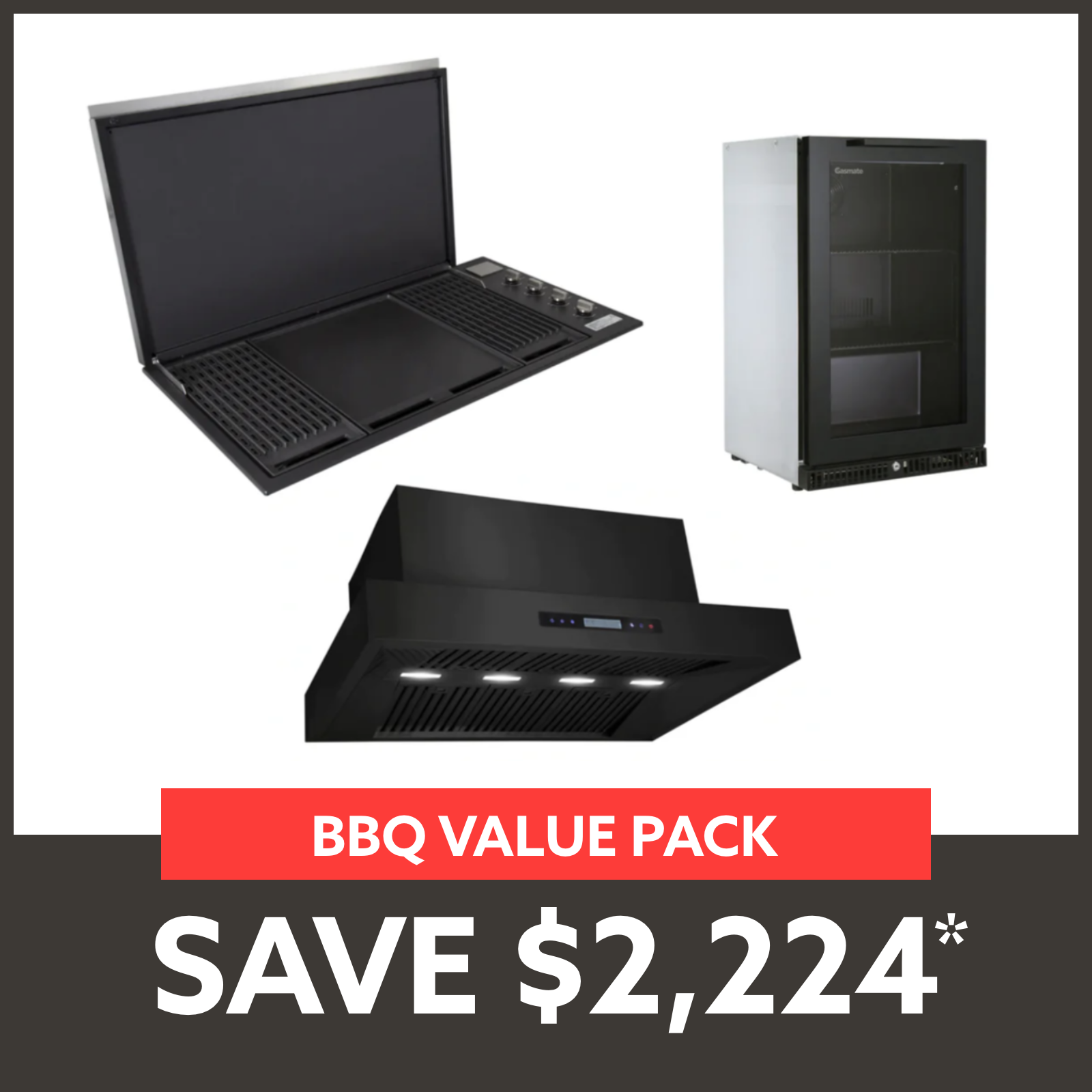 Bundle Artusi Matte Black Flat Lid BBQ & Excelsior 1200 Rangehood & Gasmate Premium Door Bar Fridge (97L)