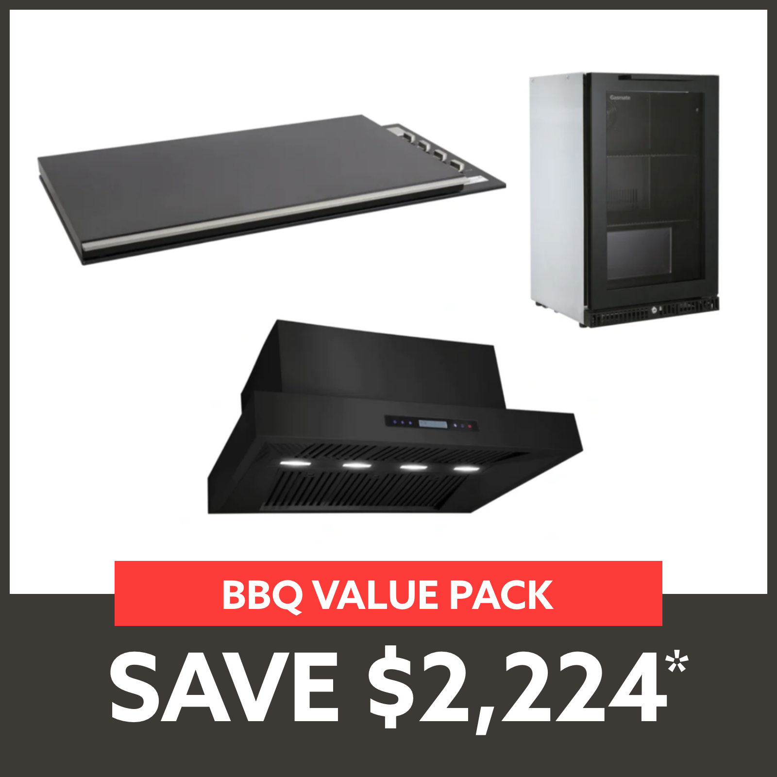 Bundle Artusi Matte Black Flat Lid BBQ & Excelsior 1200 Rangehood & Gasmate Premium Door Bar Fridge (97L)