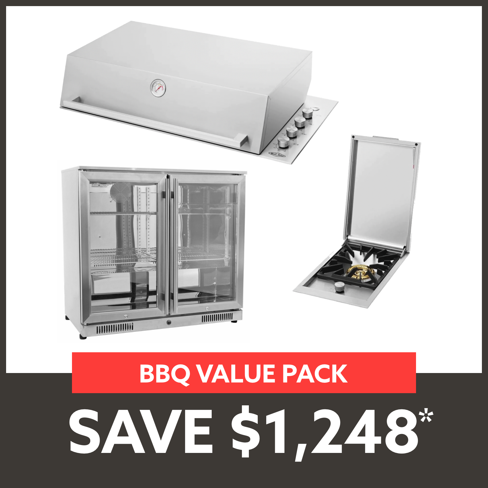 Bundle BeefEater Signature Proline BBQ with Hood & Quadburner & Gasmate 2 Door 228L Bar Fridge