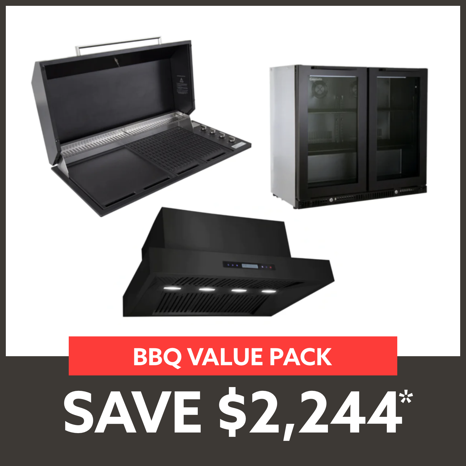 Bundle Artusi  Matte Black Hood BBQ & Excelsior 1200 Rangehood & Gasmate Premium 2 Door Bar Fridge (187L)