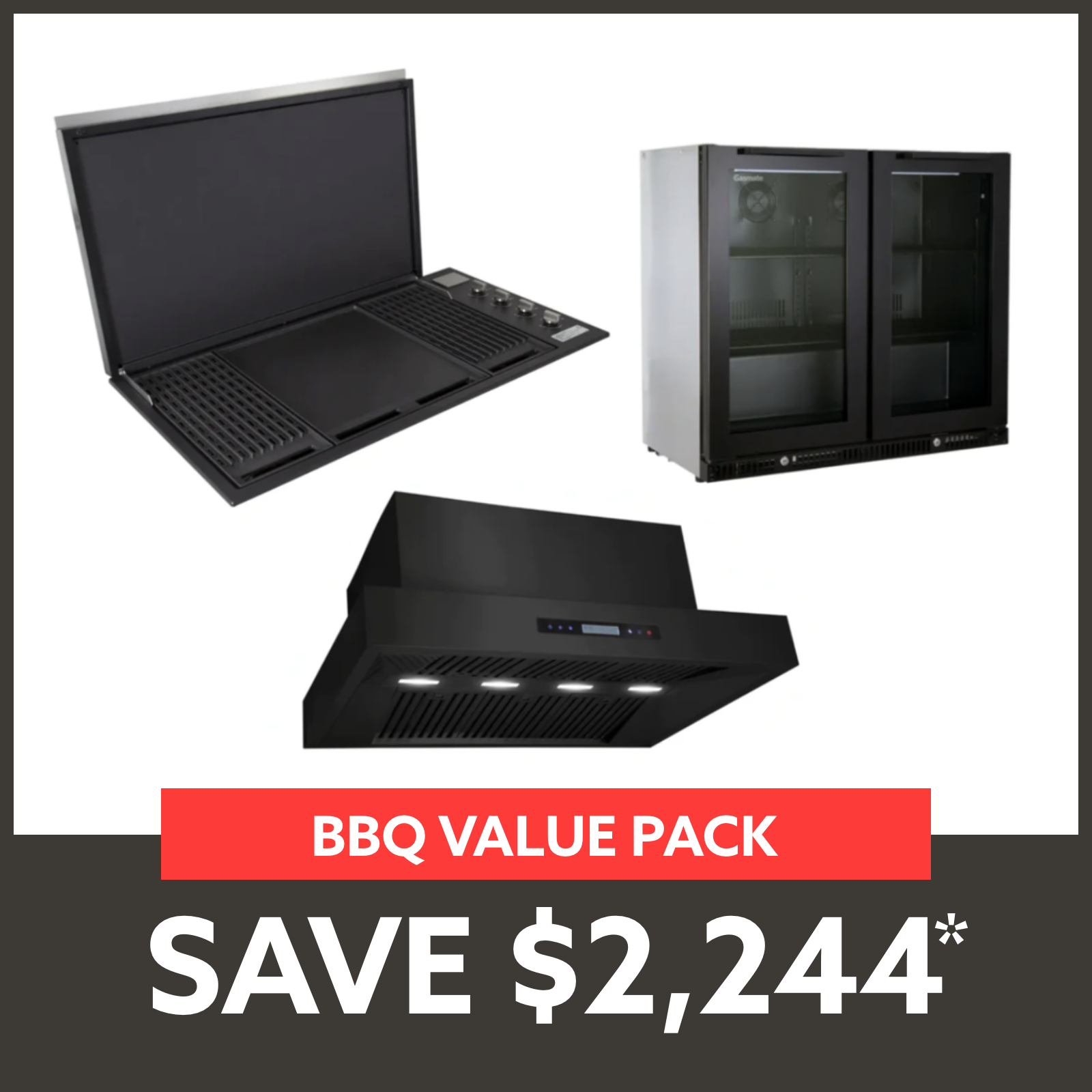 Bundle Artusi Matte Black Flat Lid BBQ & Excelsior 1200 Rangehood & Gasmate Premium 2 Door Bar Fridge (187L)