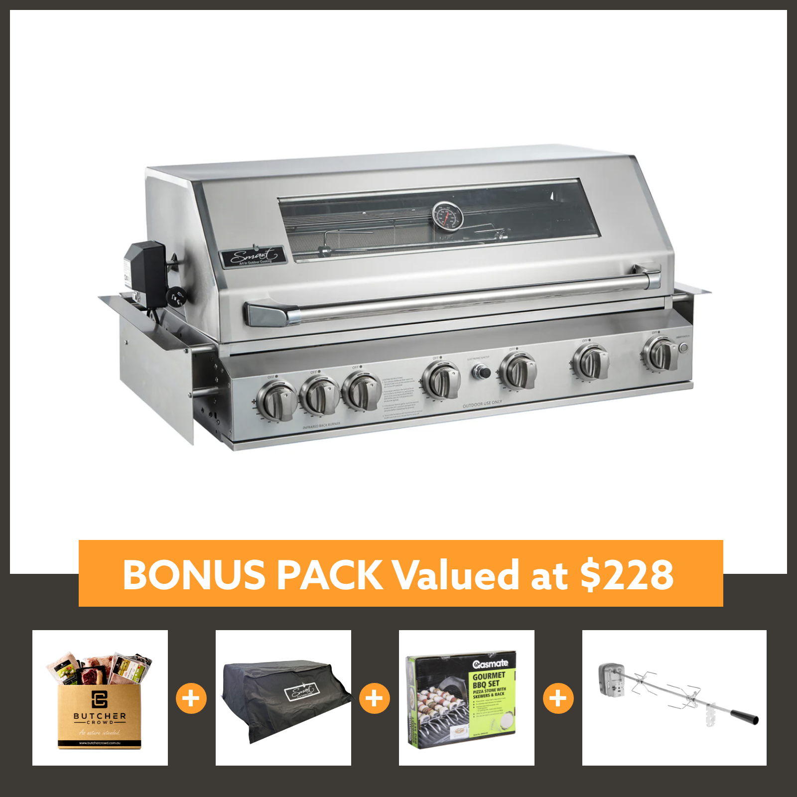 Smart 6 Burner Built-In Gas BBQ With Rotisserie & Rear Infrared Burner In Stainless Steel