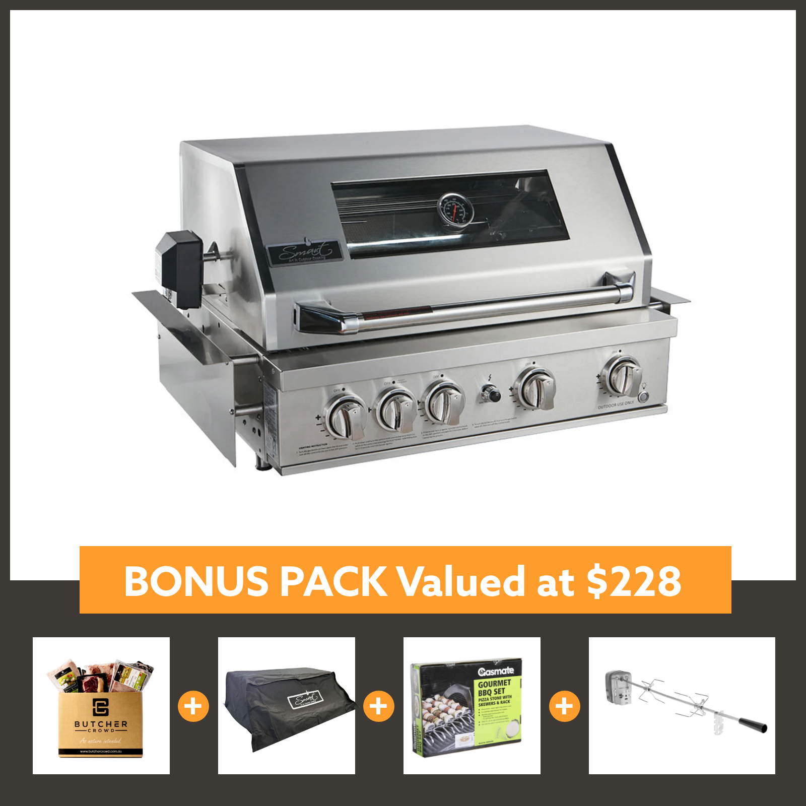 Smart 4 Burner Built-In Gas BBQ With Rotisserie & Rear Infrared Burner In Stainless Steel