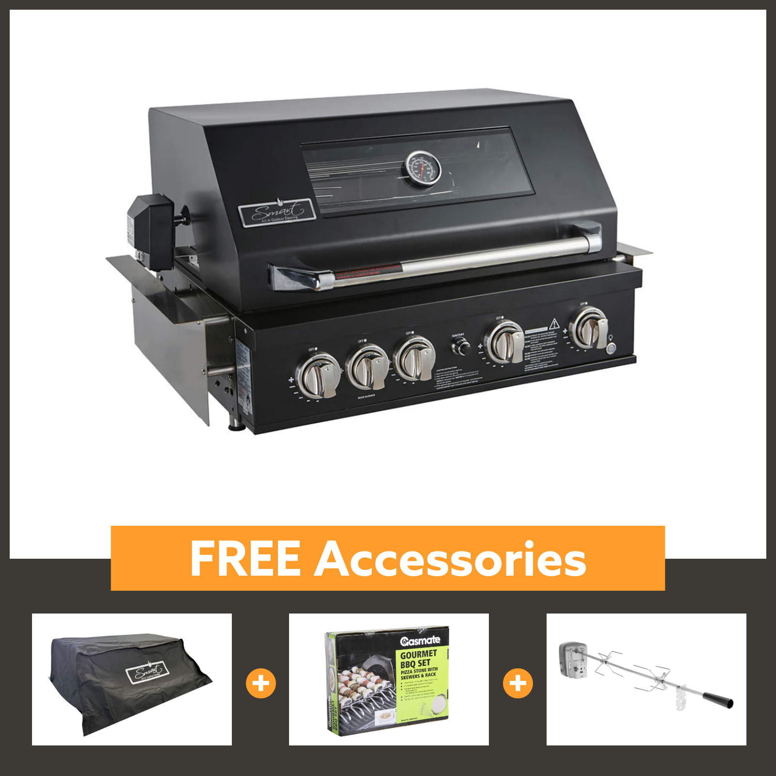 Smart 4 Burner Built-In Gas BBQ With Rotisserie & Rear Infrared Burner In Black