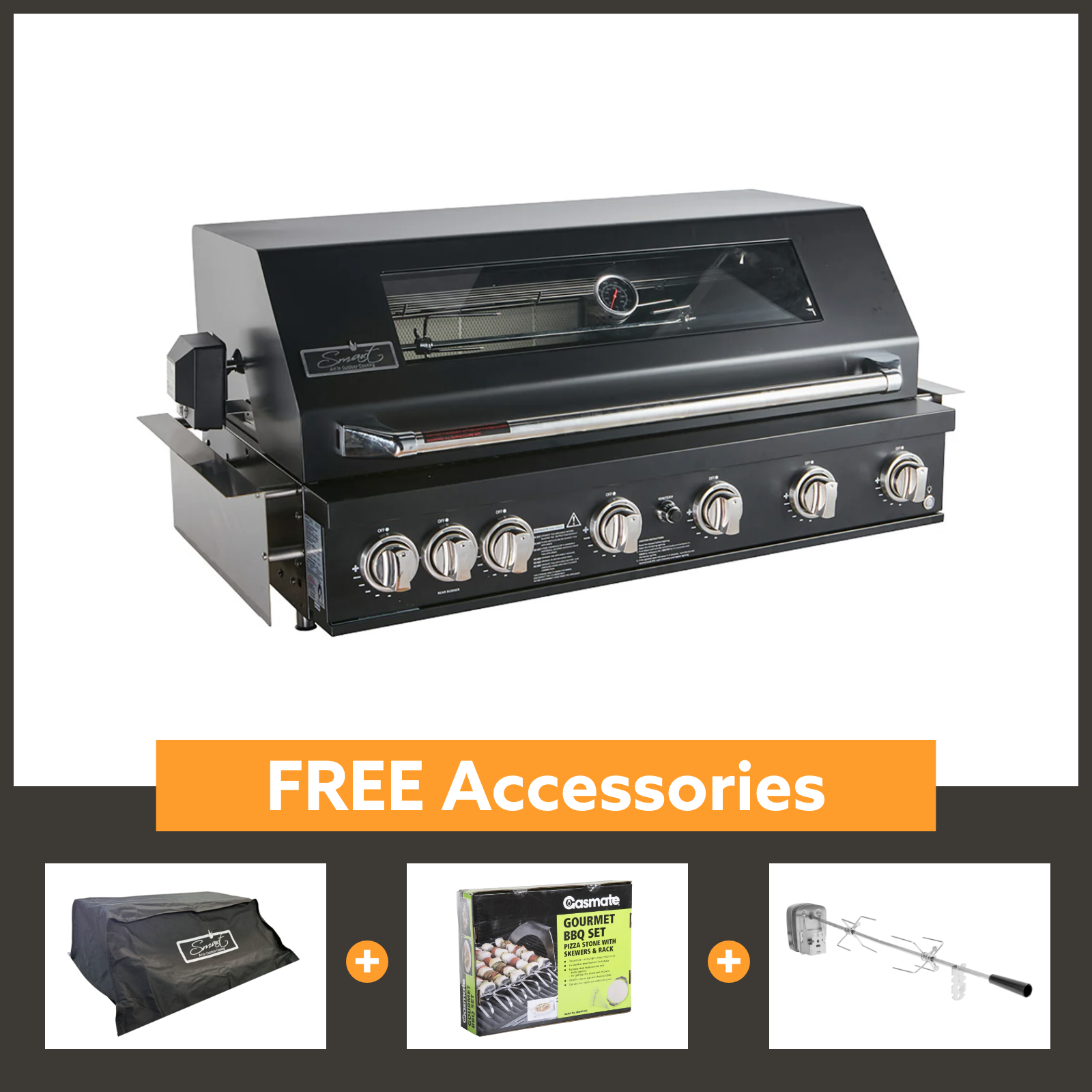 Smart 6 Burner Built-In Gas BBQ With Rotisserie & Rear Infrared Burner In Black