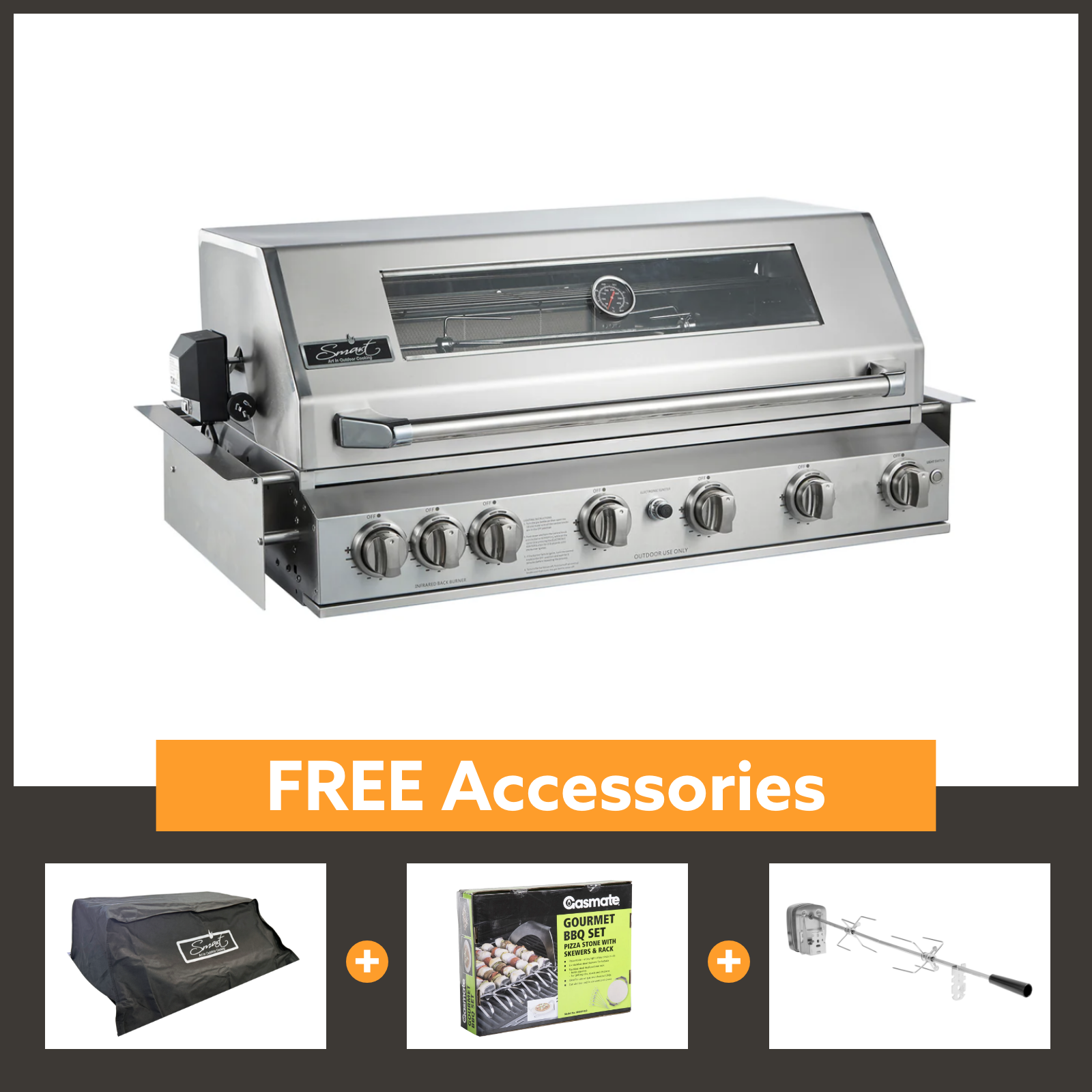 Smart 6 Burner Built-In Gas BBQ With Rotisserie & Rear Infrared Burner In Stainless Steel