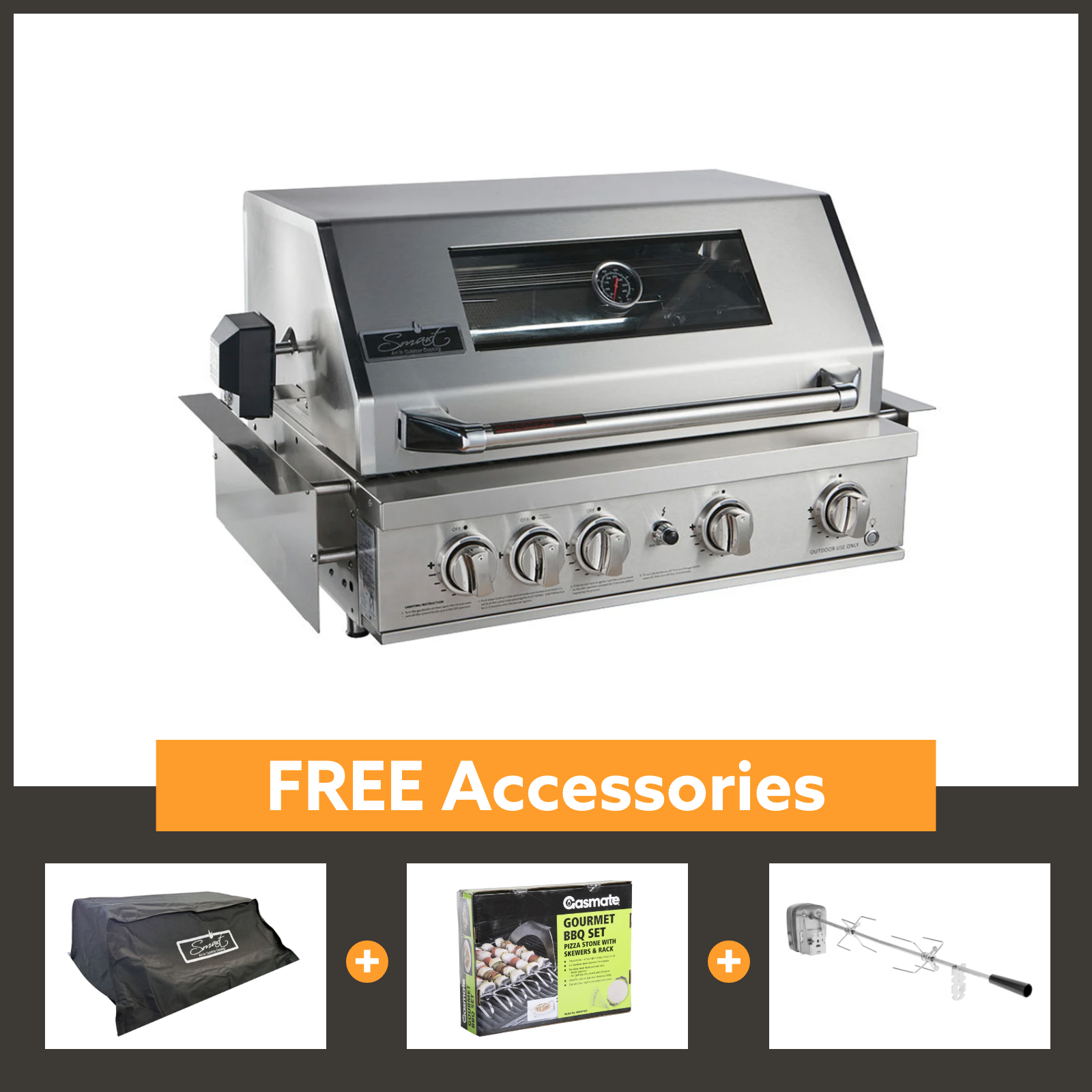 Smart 4 Burner Built-In Gas BBQ With Rotisserie & Rear Infrared Burner In Stainless Steel