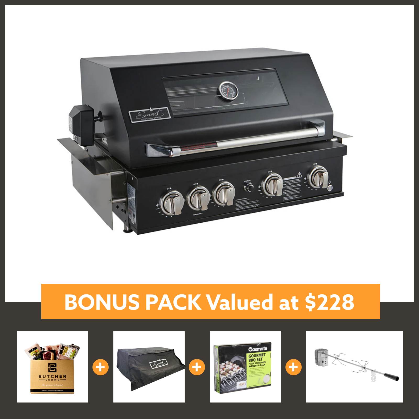 Smart 4 Burner Built-In Gas BBQ With Rotisserie & Rear Infrared Burner In Black